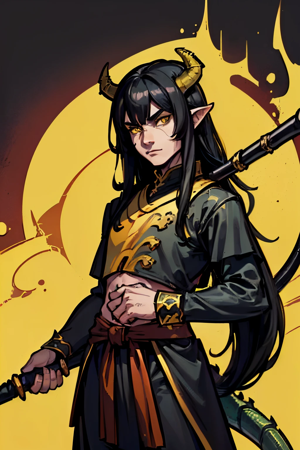 ((((D&D style)))), (((teenage male))), (((half-dragonborn monk))), normal skin, ((((long black hair with horns)))), (((yellow lizard-eyes))), ((((dragon-themed clothes no torso cover)))), ((wielding a quarterstaff)), (((lizard scales in the hands and the cheeks))), (((lizard tail))), photo-realistic