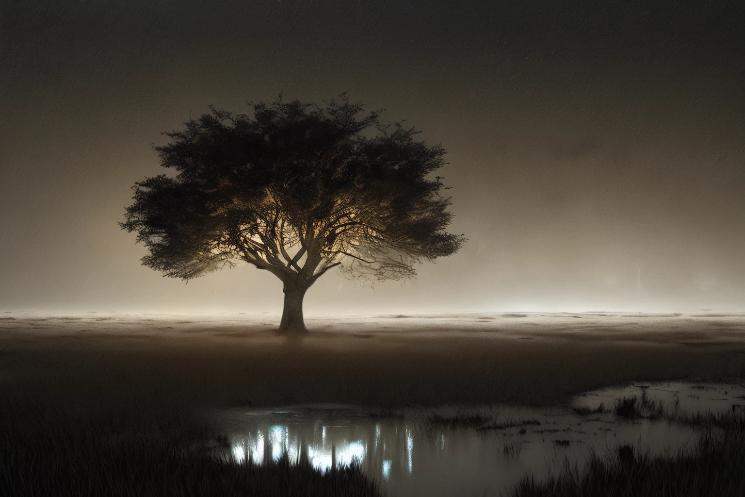 A lion in a wetland at night, inverno, Nevando, bebedouros,ovinos,The water shining, pastoreio de vacas e ovelhas, envolto no brilho do sol poente, o enorme sol vermelho-dourado nas nuvens distantes, faintly discernible, cheio de uma atmosfera misteriosa, (((no tree)),Textura Oli, por Brent Cotton