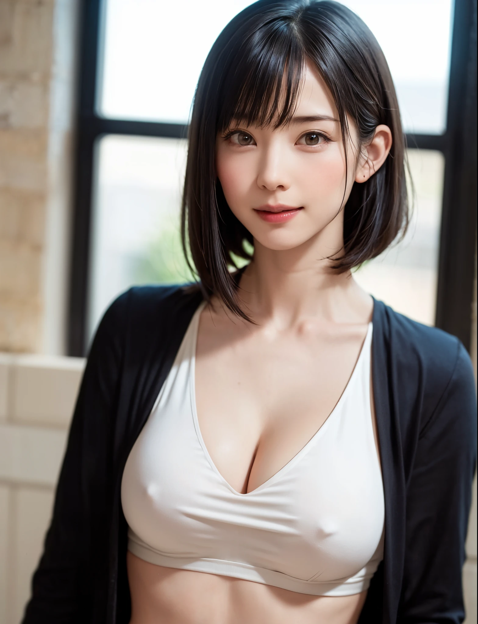 (masterpiece, top-quality、Very attractive adult beauty、Add intense highlights to the eyes、Look firmly at the camera),1girl in, 独奏, Bangs brunette short bob hair, scarf,realisitic, looking at the viewers, brown eyes of light color、coat, Winter clothes, White headscarf, s lips, lipgloss,Many bangs, The upper part of the body、big eye、Lashes)、((Road system in Italy))、((short bob hair with bangs、big eye、Put very strong highlights in your students、very Bigger breasts、gazing at viewer、Very beautiful beauty、Put your ears out、long neck、little smiling、Beautiful teeth、Open your mouth and smile、{Gigantic|Big|Huge|Mega} breasts, cleavage))、28 year old、Very cute supermodel、colourfull