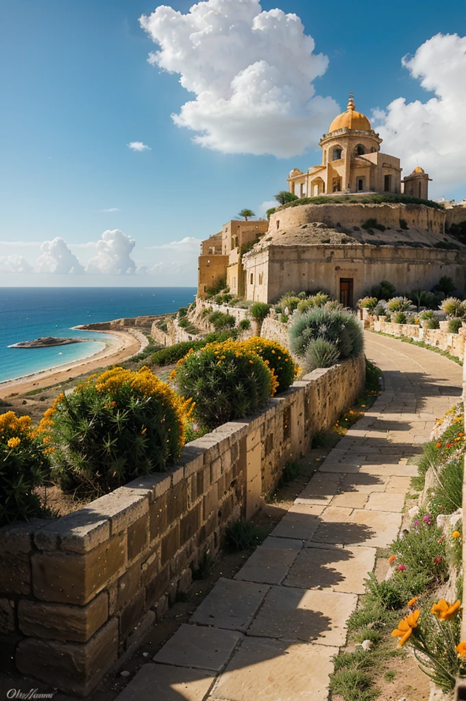 Mediterranean, Malta, distant view of a grand stone city on the sides of a cone-shaped hill with a huge temple at the top, architecture Maltese, white rocks, road, orange flowers, strange cactus, distant storm on the horizon