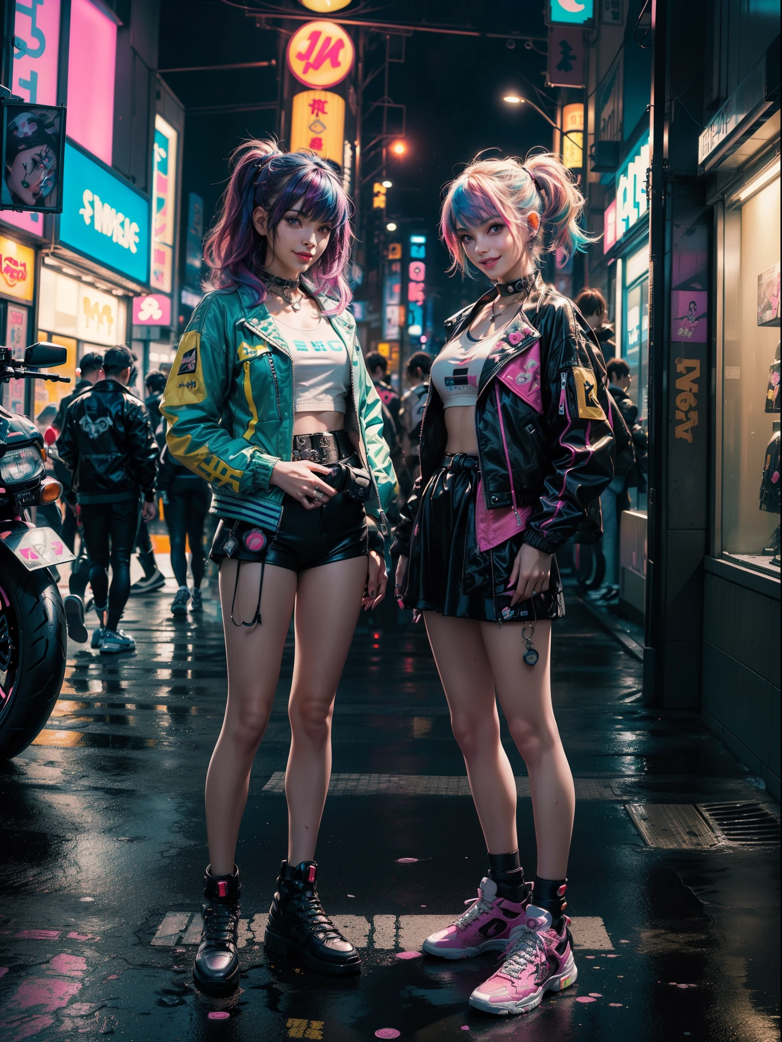 (2 smiling cyberpunk girls posing for photo), (extremely detailed face), (((colorful dyed hairstyle, cyberpunk clothing, standing in front of motorcycle, neon cyberpunk city street, (Harajuku tech jacket with logos m:1.2)))), official art, unity 8k wallpaper, ultra detailed, aesthetic, masterpiece, best quality, photorealistic