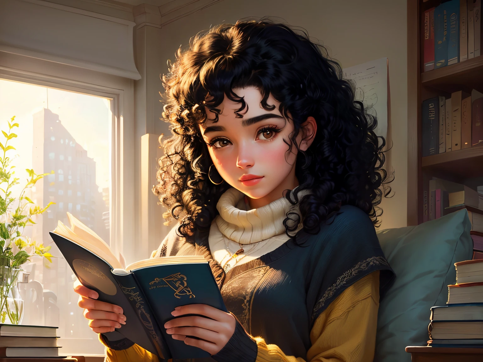 A girl with black curly hair, reading a book and several other books around you. Disney Pixar style