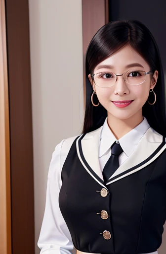 OL Office Lady Mini Skirt Suit Top and Bottom Suit Black Hair Smile Full Body Big Breasts Glasses Office Asian Beauty Beauty Company High Quality, award winning, highres, best quality, high details
sparkling eyes, color contact lenses, horizontal pupils
earrings, smile, light smile