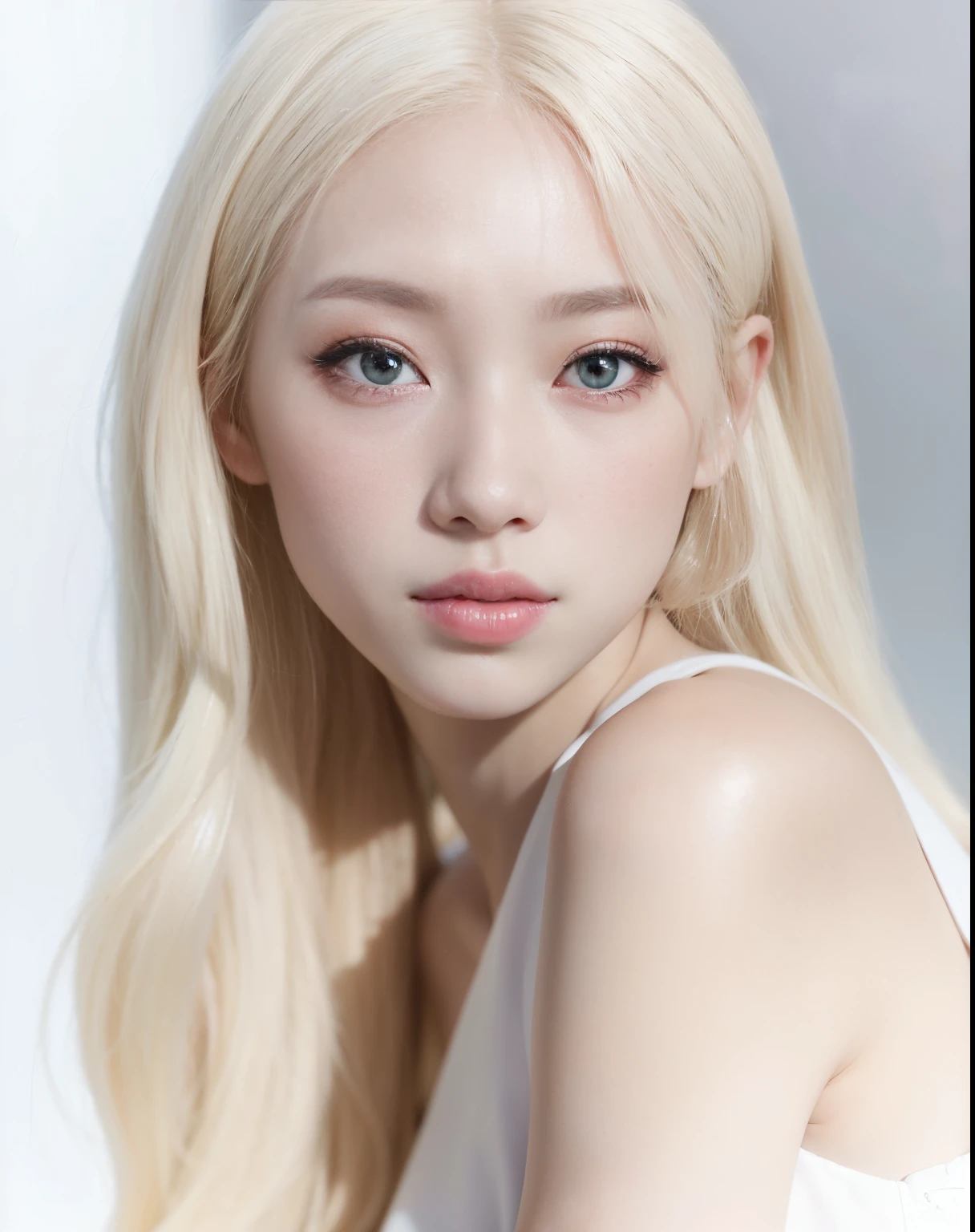 um close up de uma mulher com longos cabelos loiros e um top branco, pale glowing skin, pale porcelain white skin, Jinyoung Canela, Kim Doyoung, Jaeyeon Nam, Parque Roseanne do Blackpink, pale fair skin!!, ivory pale skin, pale hair, pele branca leitosa, pale snow white skin, maquiagem sul-coreana popular, albino white pale skin, TaeJune Kim