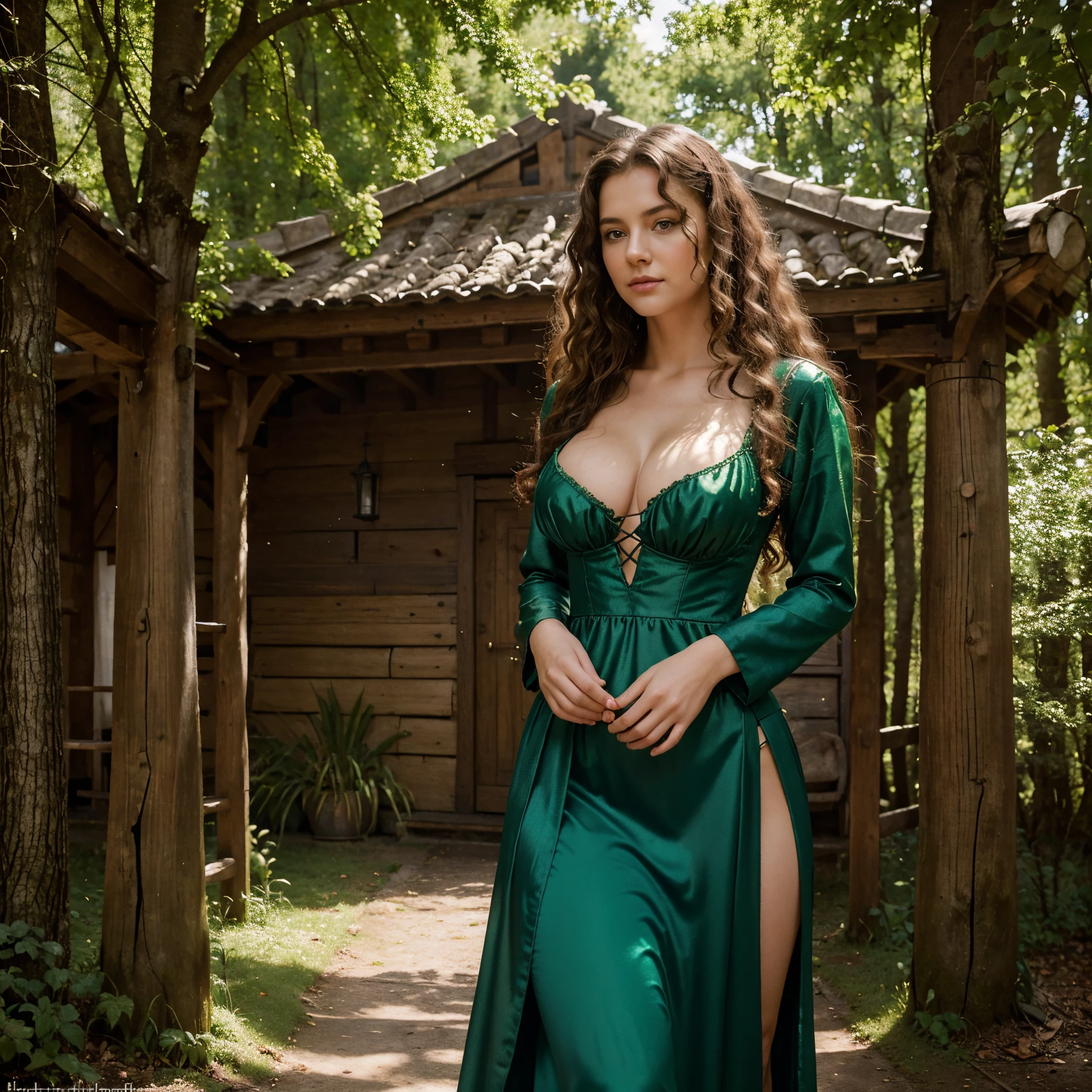 High resolution image of a truly exceptionally attractive 20 year old Exparta woman with curly hair and green eyes, wearing a very sexy medieval outfit. The surroundings are lush, green forest in the background, creates a fairytale atmosphere. Ihr kurzes, enges, transparentes Tini-Mittelalter-Outfit ist detailliert und historisch korrekt, mit edlen Stoffen und aufwendigen Designs, that are typical of the era. Der Gesichtsausdruck der Frau ist gelassen und selbstbewusst, It captures its extreme beauty and the essence of the medieval theme
