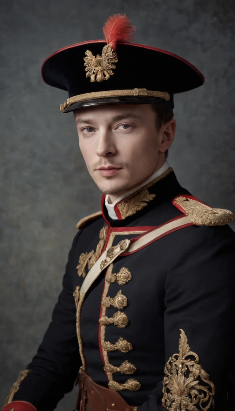 a painting of a man in a black military uniform, imperial portrait, royal portrait, elon musk as a musketeer, great emperor of russian empire, inspired by Mario Dubsky, nft portrait, majesty in noble clothes, royal portrait painting, inspired by Vlady Kibalchich Russakov, high quality portrait, portrait of a victorian era duke. Capture this using a medium format Hasselblad 500cm for a classic film aesthetic. Style it with Baroque elements, highlighting ornate details on clothing and environment, and enhancing the overall depth and intensity of the image --ar 2:3 00 --v 5.2 --q 2 --style raw --s 2