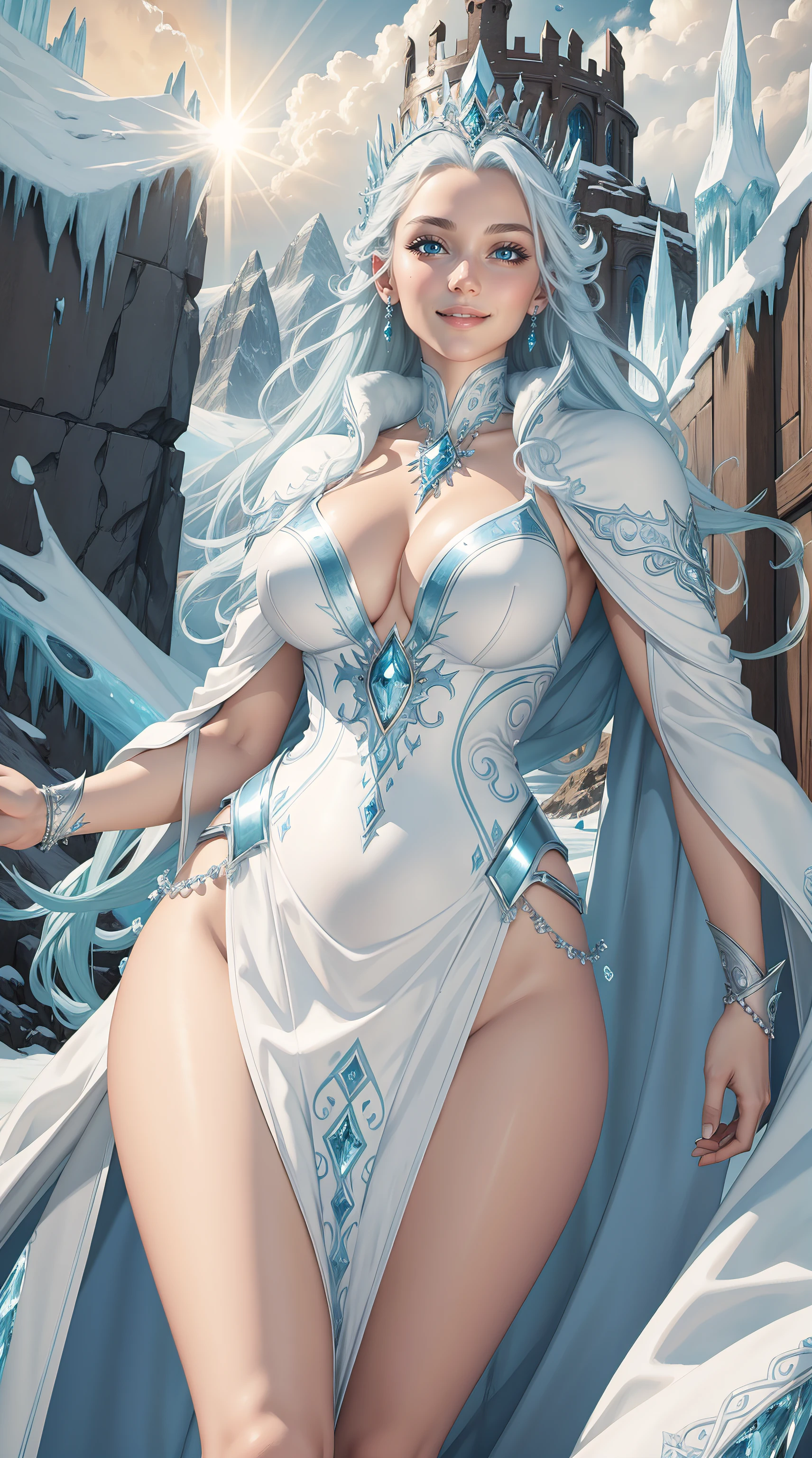 (masterpiece, best quality, ultra-detailed, 8k wallpaper), 1 girl, curvaceous but slender body, an ice queen, regal ice queen attire with intricate details, in front of the ice castle, mountain range, the sun in the background, clouds, high definition, elaborate details