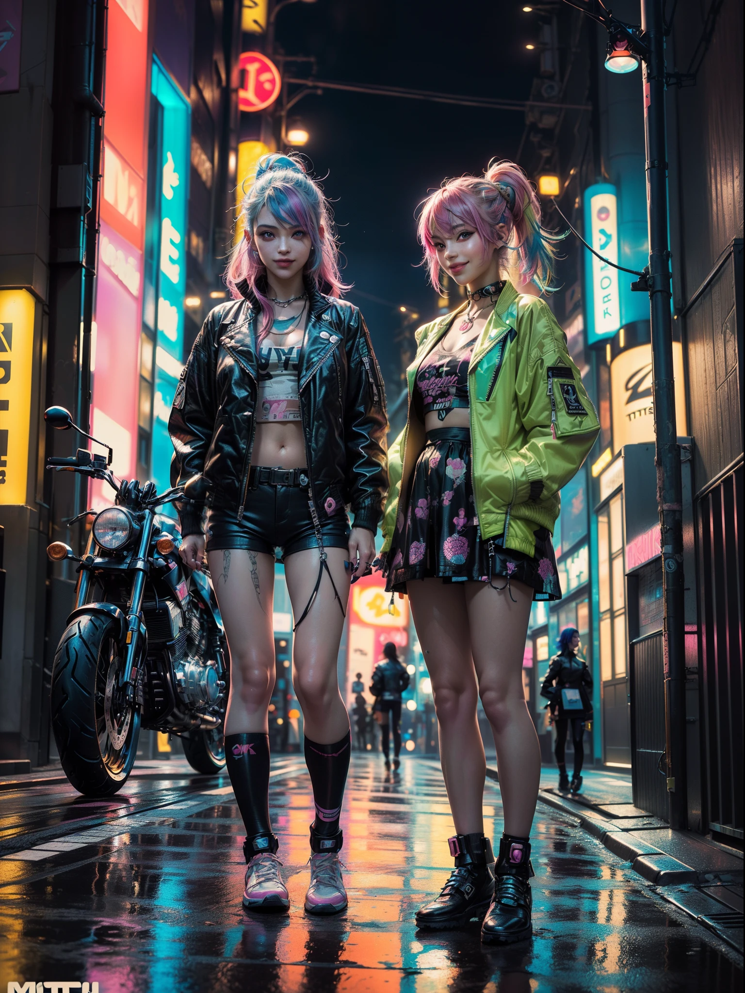 (2 smiling cyberpunk girls posing for photo), (extremely detailed face), (((colorful dyed hairstyle, cyberpunk clothing, standing in front of motorcycle, neon cyberpunk city street, (Harajuku tech jacket with logos m:1.2)))), official art, unity 8k wallpaper, ultra detailed, aesthetic, masterpiece, best quality, photorealistic