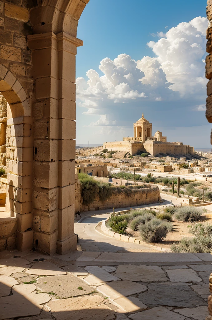 Mediterranean, Malta, distant view of a Middle Eastern plain, in the plain a huge cone-shaped hill with a huge temple on top, on the sides of the hill is a city full of stone buildings and houses, architecture Maltese, white rocks, road, orange flowers, strange cactus, distant storm on the horizon