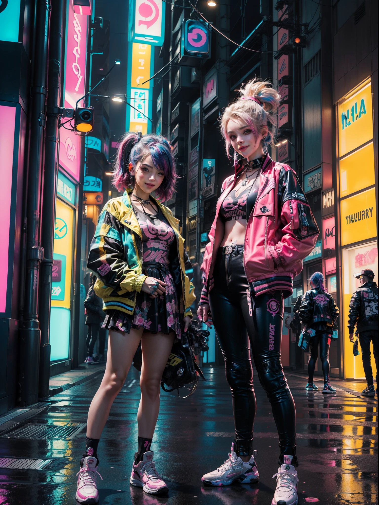 (2 smiling cyberpunk girls posing for photo), (extremely detailed face), (((colorful dyed hairstyle, cyberpunk clothing, standing in front of motorcycle, neon cyberpunk city street, (Harajuku tech jacket with logos m:1.2)))), official art, unity 8k wallpaper, ultra detailed, aesthetic, masterpiece, best quality, photorealistic