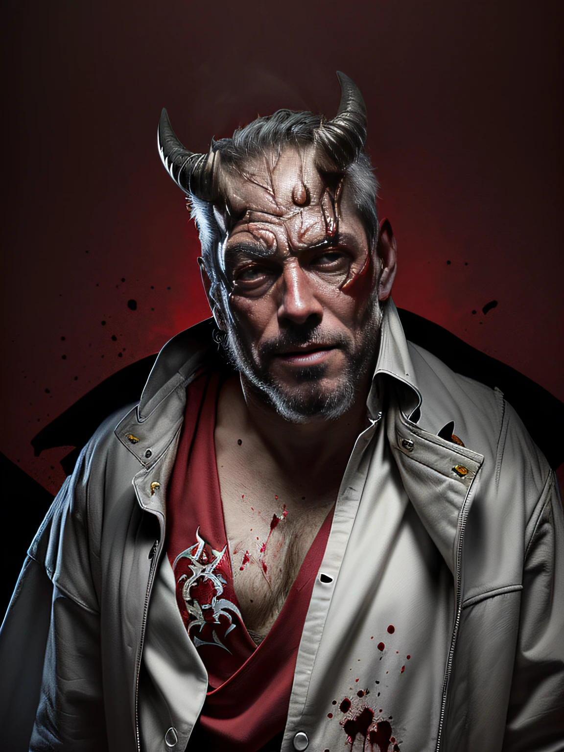 Elon musk with a horned head and a bloodied face, Fit male demon with white horns, diabo, dren de emenda, devils, male vampire of clan banu haqim, the devil, satanic horror, Moloch, com chifres, butcher angry rotting zombie, demoniaca, Tom espera como Hellboy, a devilish grin on his face