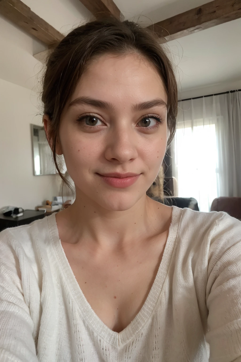 ((best quality)), Foto realista, mulher bonita, idade 29 anos, rosto delicado, olhos castanhos, cabelo longo castanho, wearing a white sweater, 4HD, the environment is a living room, meio sorriso, olhar delicado, rosto inocente
((master part)), rosto perfeito, foto selfie