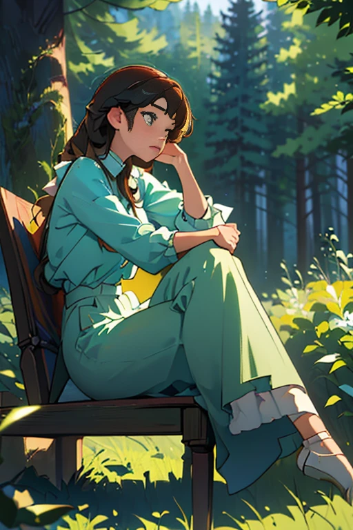 (best quality, masterpiece:1.3), 1girl, sitting, forest, side view