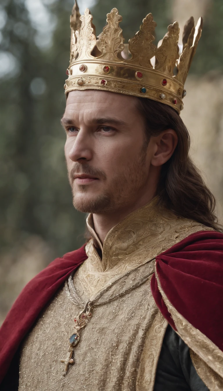 portrait of the king facing the camera, wearing a white jeweled crown, holding a gold sword, preparing to fight, wearing black and red royal robes, background on the battlefield. --ar 2:3 00 --v 5.2 --q 2 --style raw --s 2