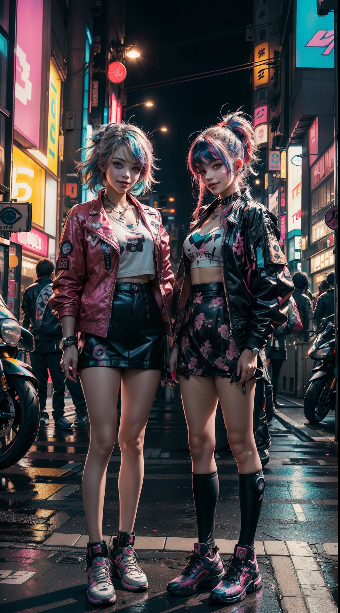 (2 smiling cyberpunk girls posing for photo), (extremely detailed face), (((colorful dyed hairstyle, cyberpunk clothing, standing in front of motorcycle, neon cyberpunk city street, (Harajuku tech jacket with logos m:1.2)))), official art, unity 8k wallpaper, ultra detailed, aesthetic, masterpiece, best quality, photorealistic