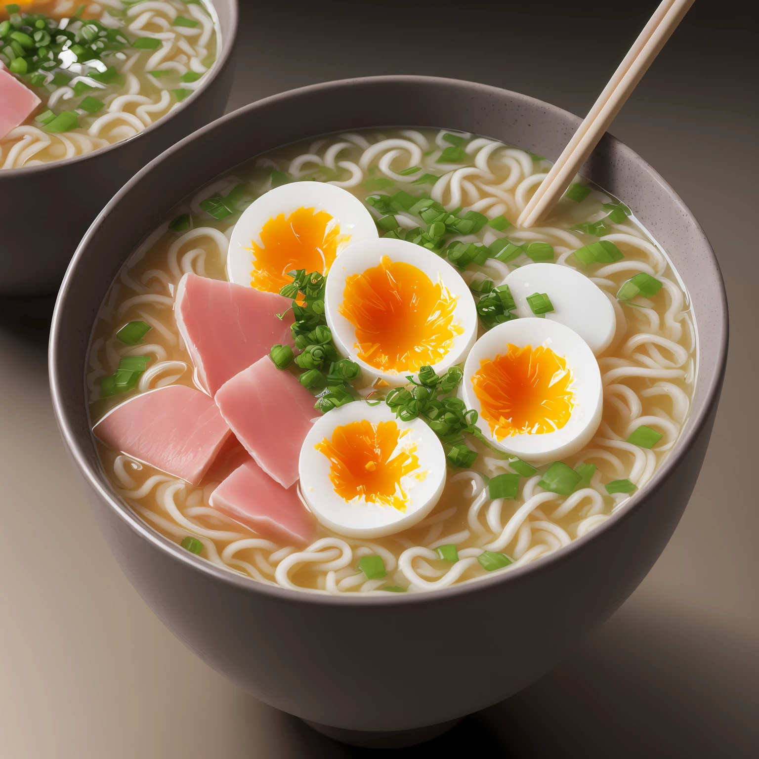 one big cup Ramen whit half boiled egg, slice of boiled ham, close up,
Food sticks
(still life)
fog, haze, high detail, ultradetailed, intricately detailed, fine details, hyperdetailed, cinematic, hyperrealistic, 
hyper realism soft light, studio lighting, diffused soft lighting, shallow depth of field, sharp focus bokeh,
raytracing, subsurface scattering, diffused soft lighting, 
ultradetailed, (intricately detailed, fine details, hyperdetailed), cinematic, hyperrealistic,