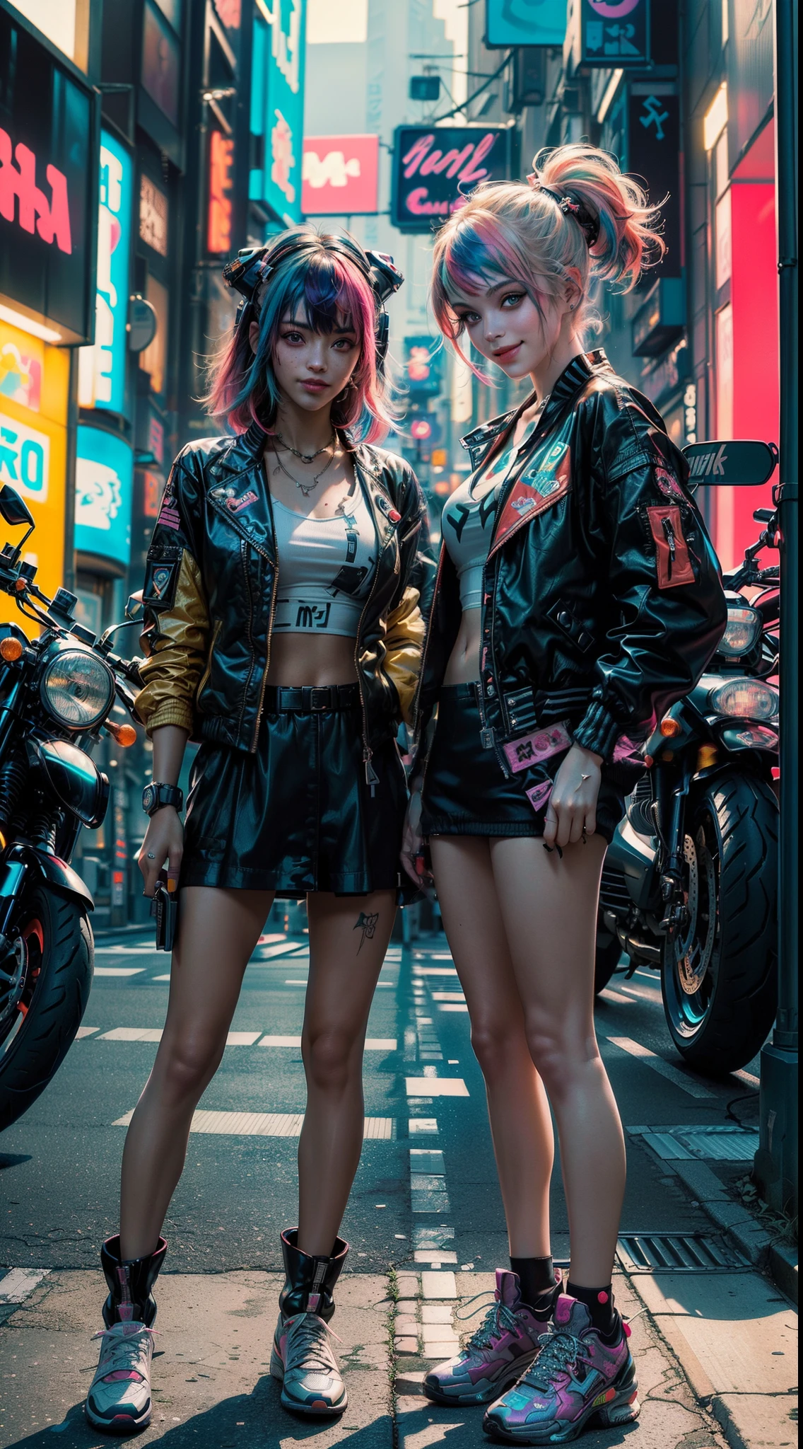 (2 smiling cyberpunk girls posing for photo), (extremely detailed face), (((colorful dyed hairstyle, cyberpunk clothing, standing in front of motorcycle, neon cyberpunk city street, (Harajuku tech jacket with logos m:1.2)))), official art, unity 8k wallpaper, ultra detailed, aesthetic, masterpiece, best quality, photorealistic
