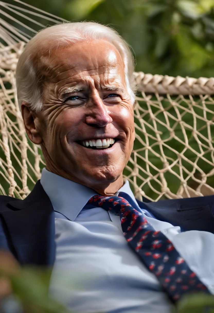 A photo of Joe Biden lounging in a cozy hammock amidst a lush garden.,original, Joe Biden, the President of the United States, is typically seen in a suit and tie, often with a smile and aviator sunglasses, which have become somewhat of a trademark look for him. He has white hair, blue eyes, and is known for his friendly demeanor.