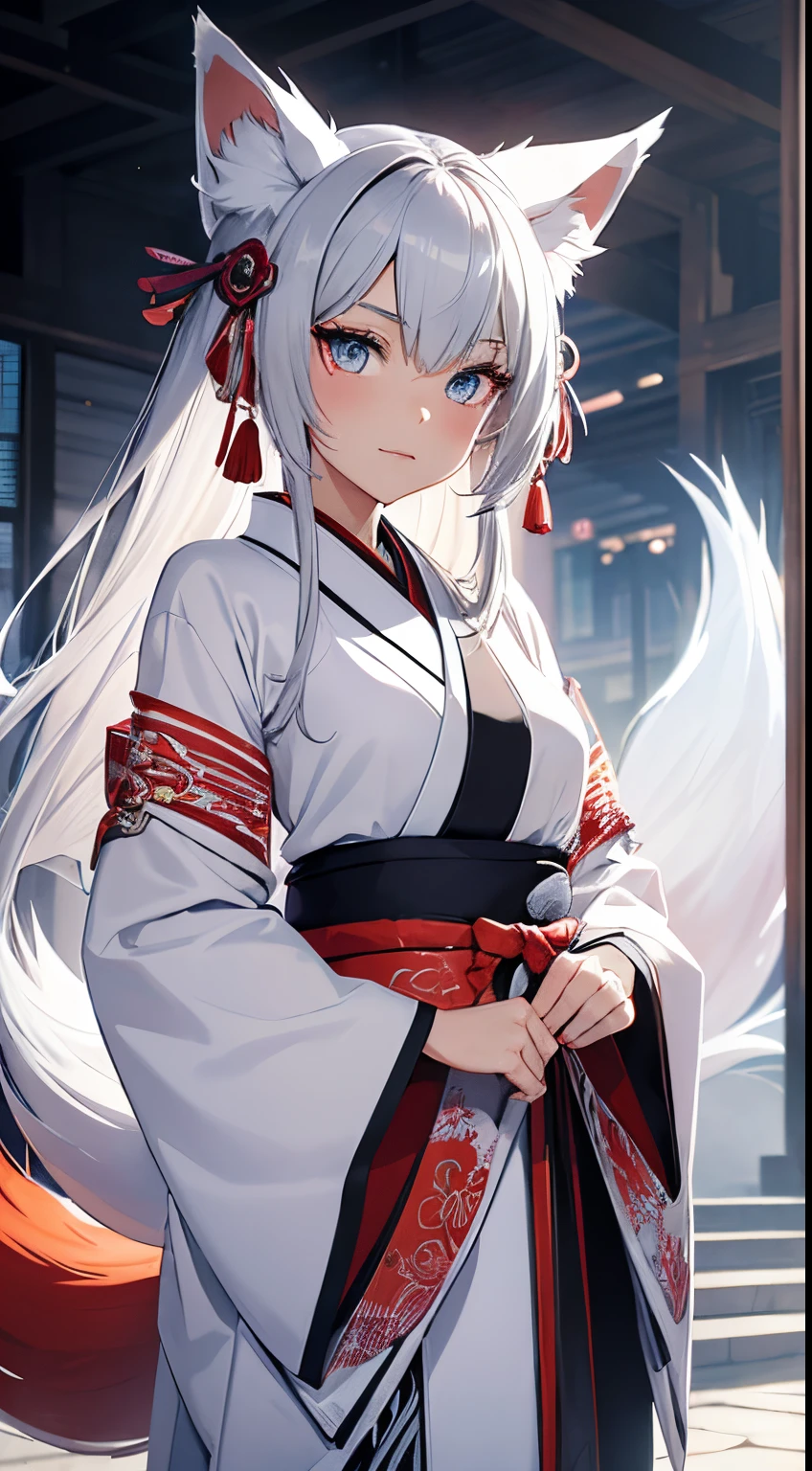 A age woman, silver hair, bright and expressive eyes. When in human form, she wears a kimono with subtle details that resemble a fox's tail. In his kitsune form, his tail is visible. A costume that combines traditional elements of a kimono with modern touches.