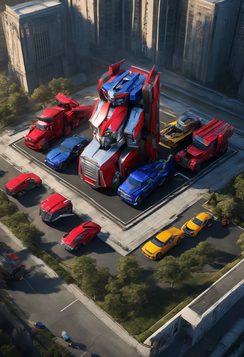 An aerial view of Autobot headquarters with Optimus Prime and the other Autobots gathered in a meeting,Transformers series,bumblebee transformer autobot
