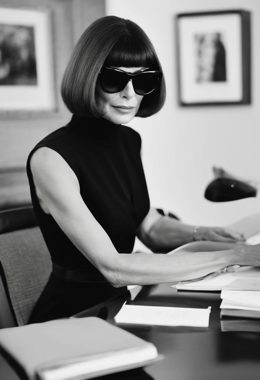 A photo of a chic, minimalistic desk setup with a sleek black pencil and a notepad,original,Anna Wintour, the influential editor-in-chief of Vogue magazine, is renowned for her distinctive and polished appearance. She is often seen with a sharp, sleek bob haircut and oversized dark sunglasses, which have become her trademark look. Her fashion style is impeccable and sophisticated, usually featuring designer outfits that are both elegant and assertive.