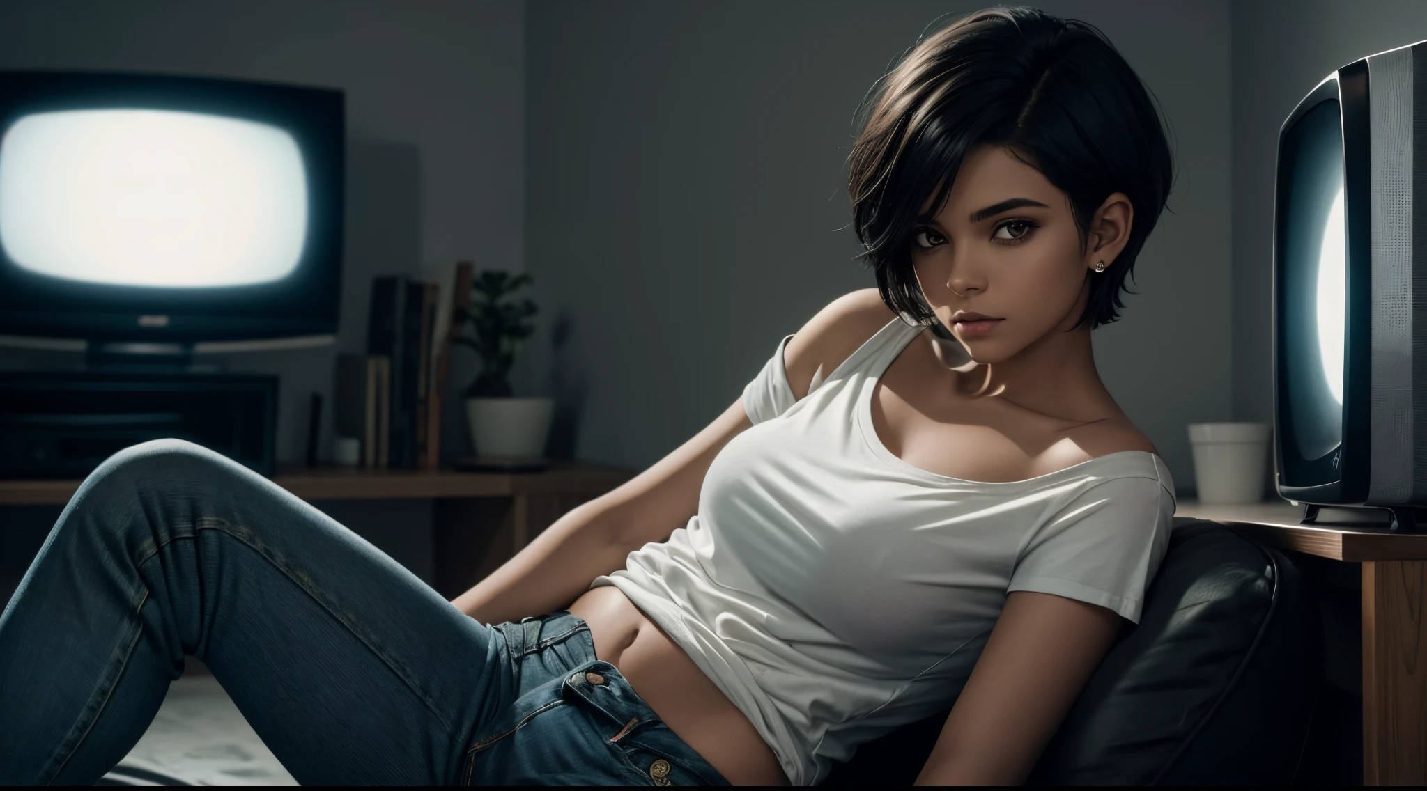 uma jovem de cabelo preto, olhos verdes, short hair up to the shoulders, she is in the television room, it is night time, She is wearing a t-shirt and jeans, shes alone, is calm and serene, melhor fotografia, obra prima, luz cinematografica,