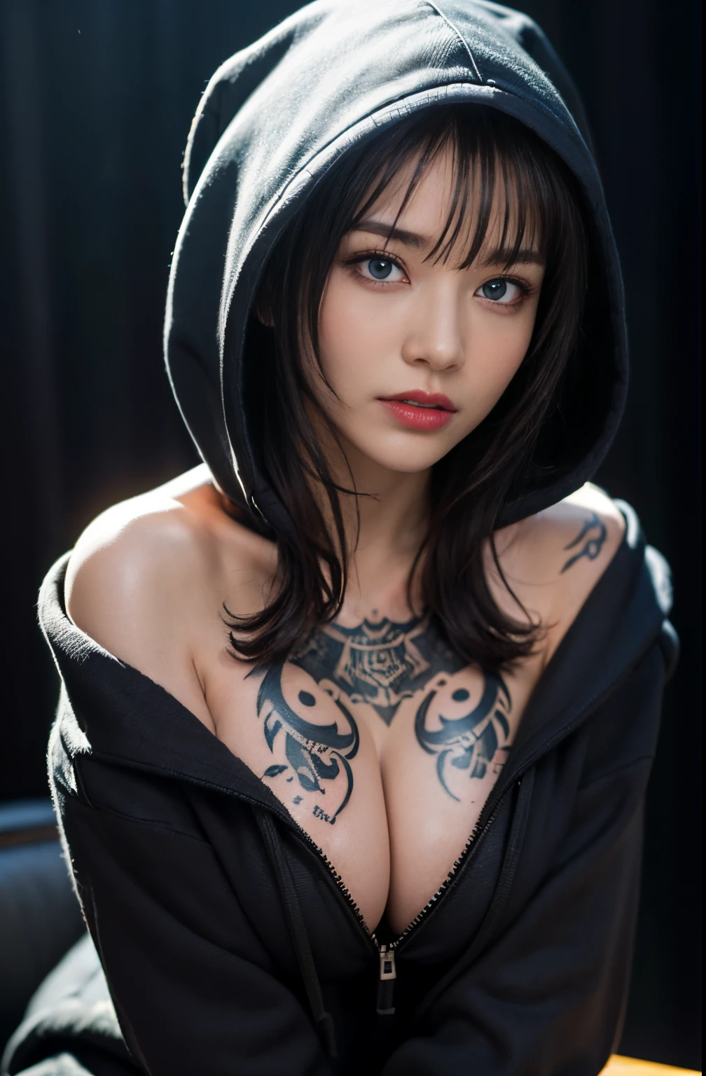 ultra high res, masterpiece, best quality, perfect glossy shiny skins, perfect lighting, detailed lighting, dramatic shadows, ray tracing, 1girl, black sweater, looking at viewer, off shoulder, Big breasts, Exposed cleavage, blue Eyes, sharp face, sharp eyes, ((Dark background)), oversized hoodie, Wearing a black hoodie, Wearing an ugly black hood , open mouse, short cut, (( tattoos on the arms)) ,