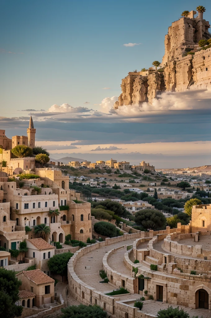 distant view of a Middle Eastern plain, in the plain a very tall cone-shaped hill with a huge grecian palace on top, on the sides of the hill a city full of many stone buildings and houses, architecture Maltese, orange flowers, strange cactus, distant storm on the horizon