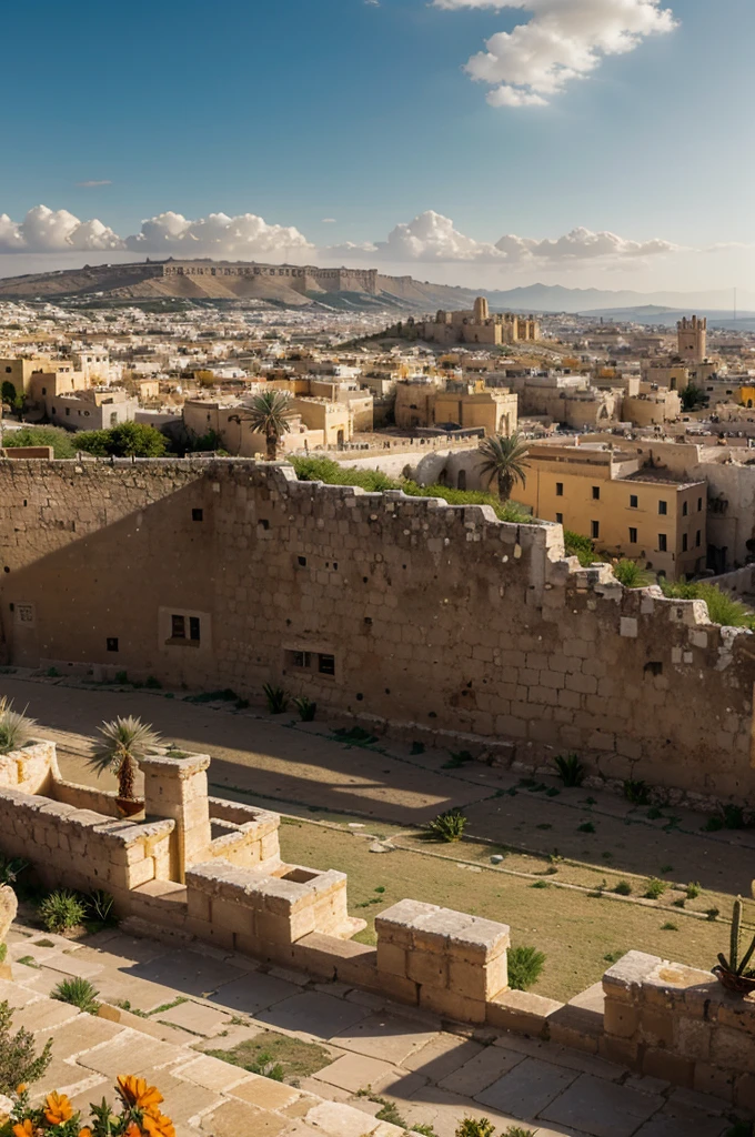 distant view of a Middle Eastern plain, in the plain a very tall cone-shaped hill with a huge grecian palace on top, on the sides of the hill a city full of many stone buildings and houses, architecture Maltese, orange flowers, strange cactus, distant storm on the horizon
