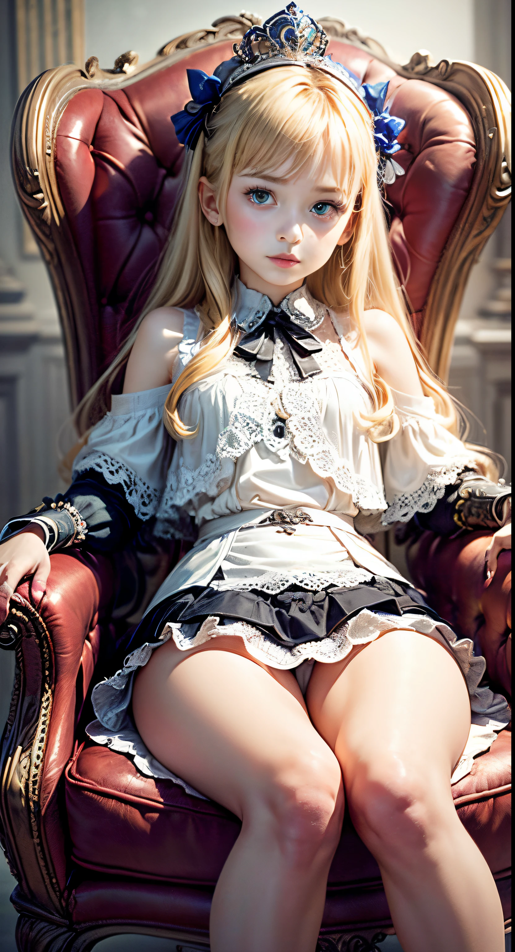 masutepiece、An ultra-high picture quality、Super distinct、8K、perfect anatomia、Very high saturation、(Realistic:1.1)、One Princess、child,、 Yellow hair, (10 years oltiful, Princess、Innocent, Blue eyes, Bangs、a blond、straight haired、tiarra、rococo dress,Inside the palace、Sitting in a plush armchair、(ミニskirt by the:1.3)、(Lace pantie:1.3)、、Physical education sitting、(Thin leg)、(You can see the delta area:1.3)Lace pantie、ultra definition panties、Cotton panties、(Innocence:1.4)、Thighs open,white panties、,skinny body、thin-waist、thin pelvis、skinny thigh、Realistic thighs、real looking skin、(Does not expose the skin:1.6)
