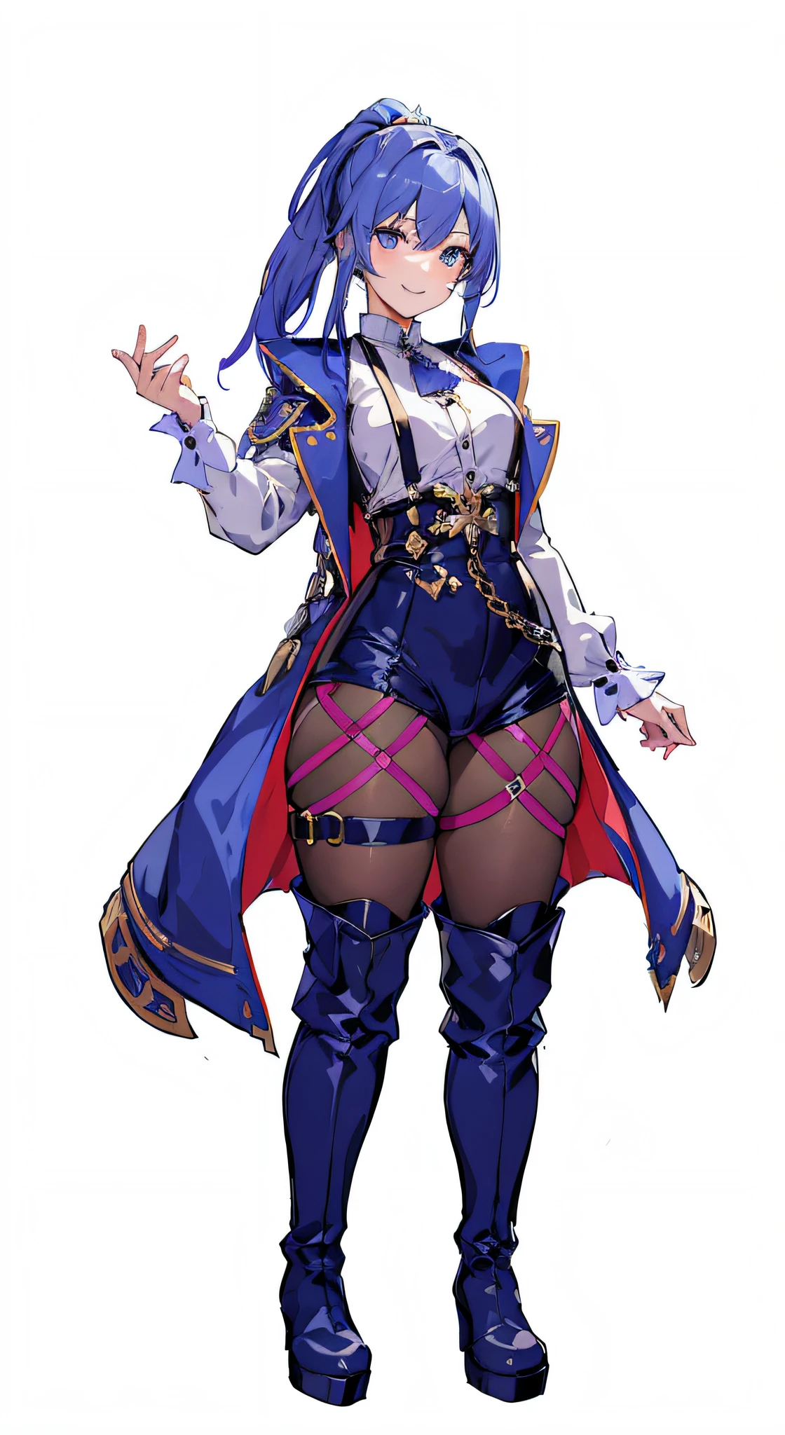 masterpiece, best quality, 1girl, Happy, Smile, Clever, Beautiful, 1920's cloths, pants, suspenders, ponytail ,blue hair, blue eyes, wallpaper, Full Body, depth of field, side lighting, thigh-high Boots, fate \(series\), genshin impact, jacket, White Background