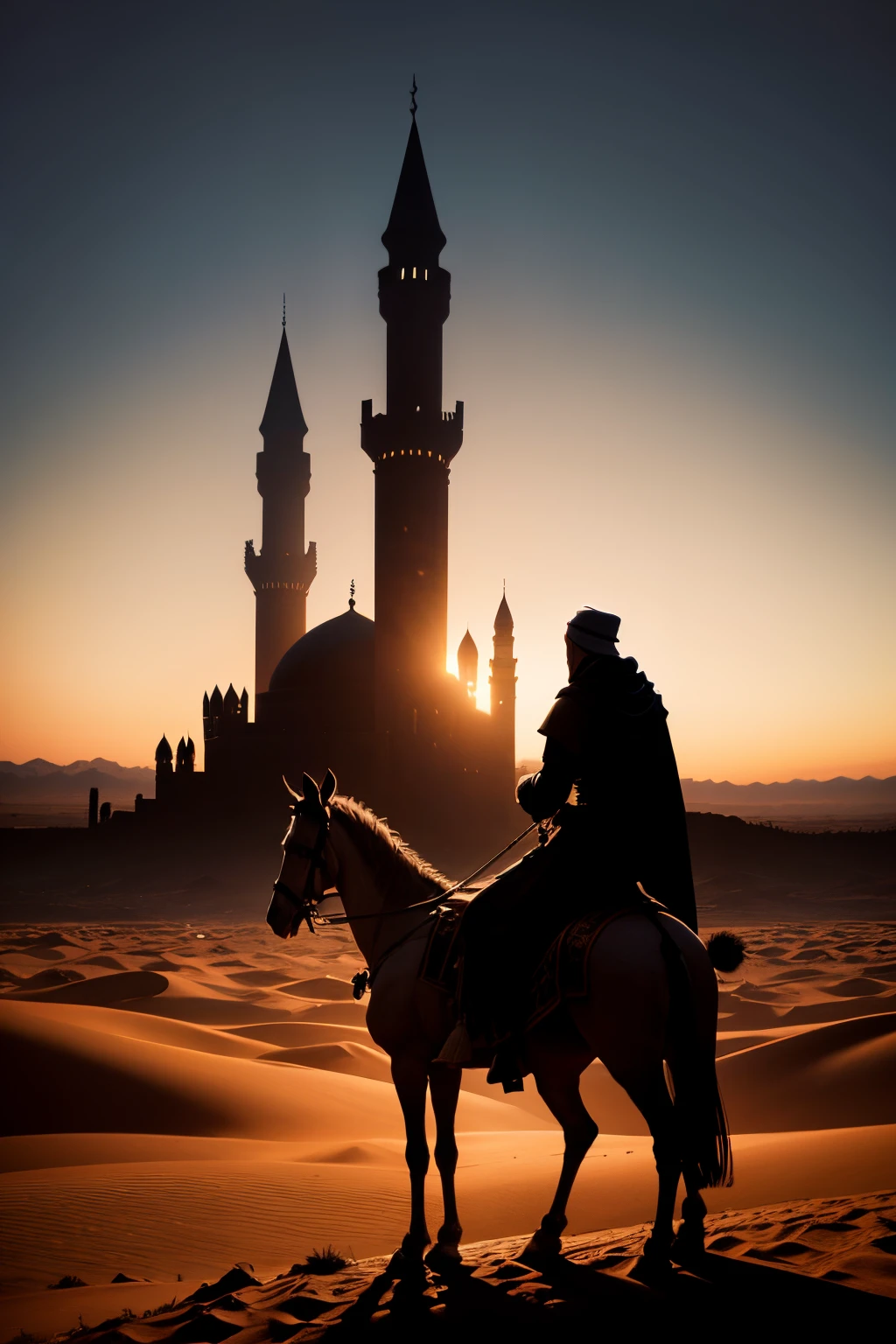 medieval times muslim, silhouette, desert, wide angle