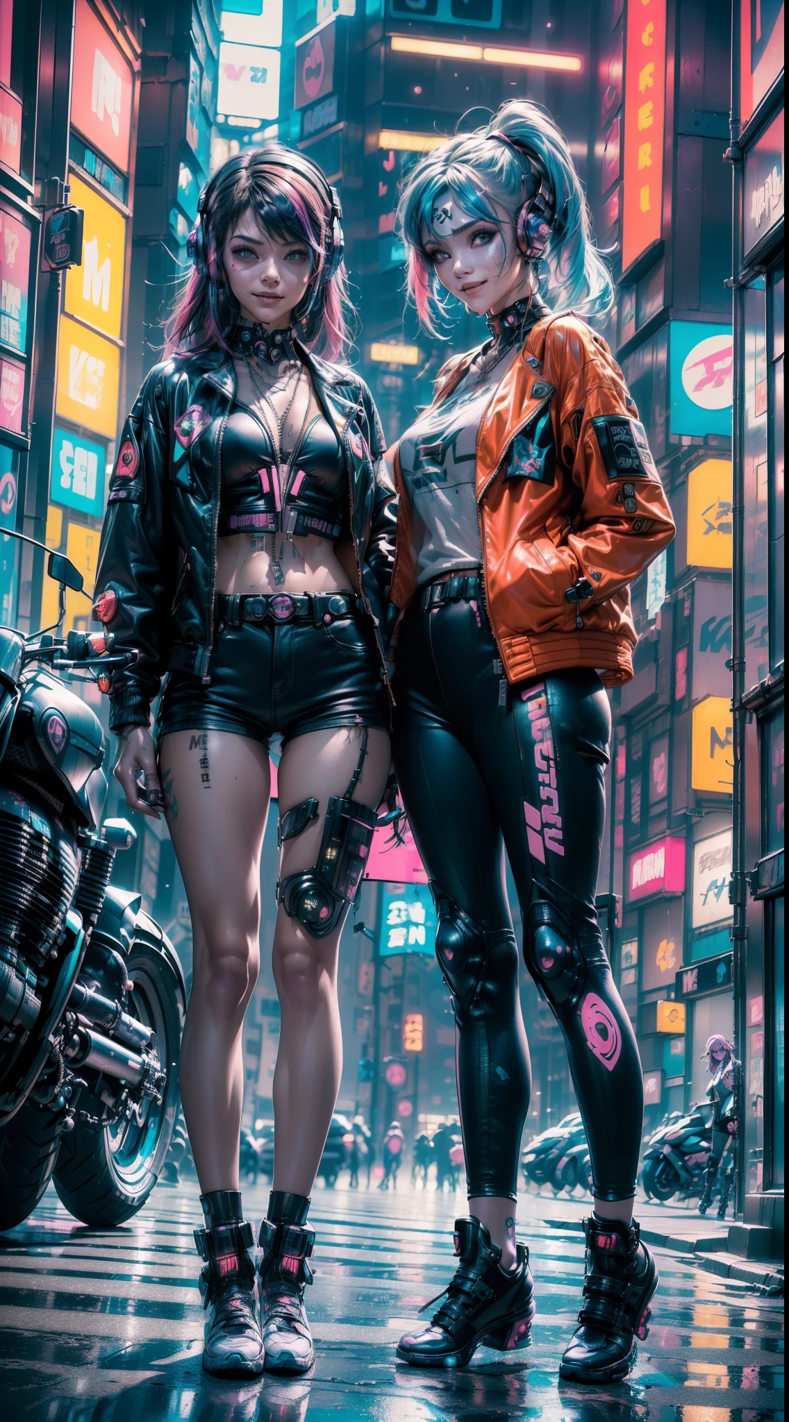(2 smiling cyberpunk girls posing for photo), ((extremely detailed face)), (((colorful dyed hairstyle, cyberpunk clothing, standing in front of motorcycle, neon cyberpunk city street, (Harajuku tech jacket with logos m:1.2)))), official art, unity 8k wallpaper, ultra detailed, aesthetic, masterpiece, best quality, photorealistic