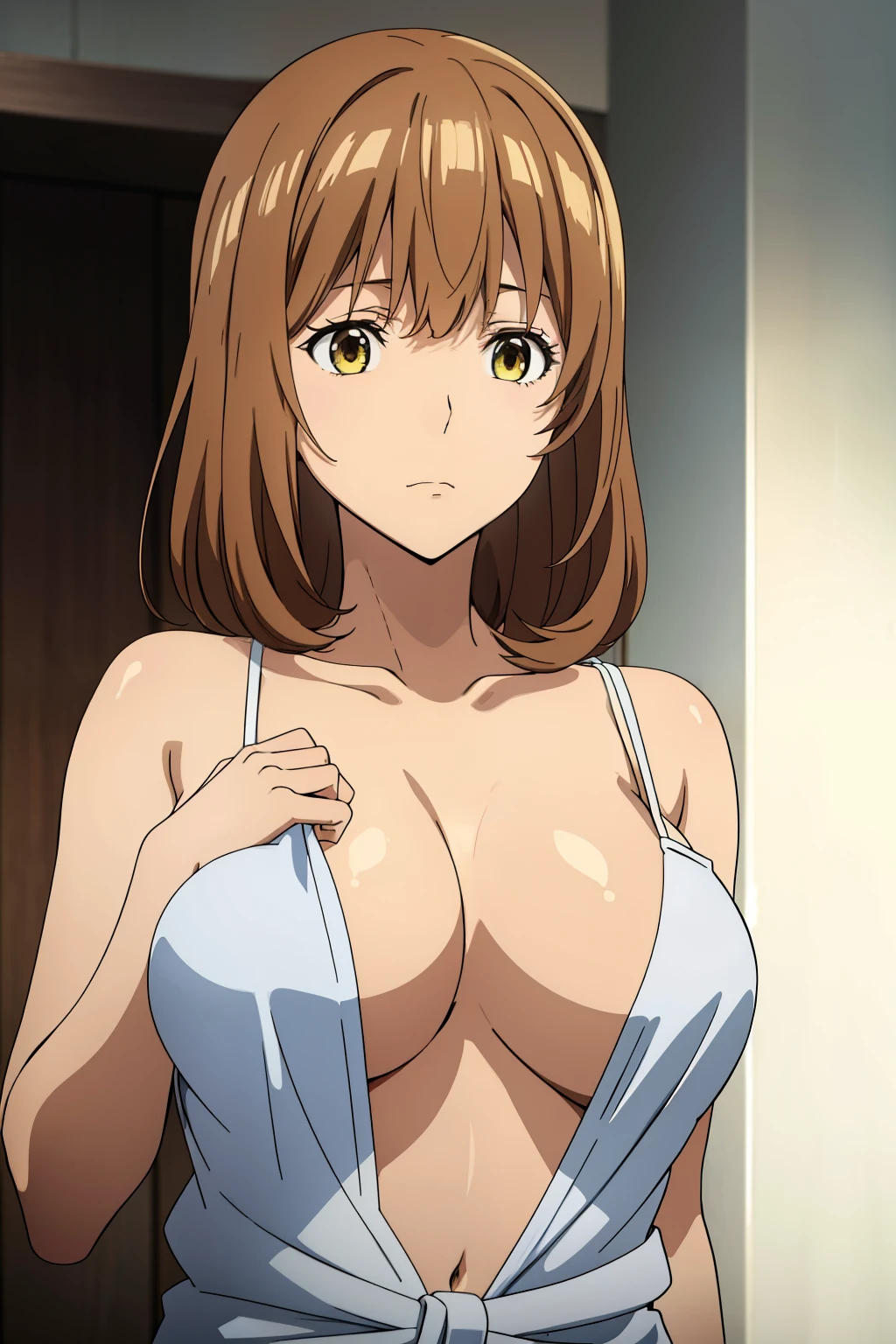Best Quality, masutepiece, Brown hair, Yellow eyes, Yuriko Aoki, Stand in the changing room, Embarrassed look, oversized tits:1.5, White camisole:1.5, no-bra, Thin fabric, The upper part of the body, Close-up on the chest