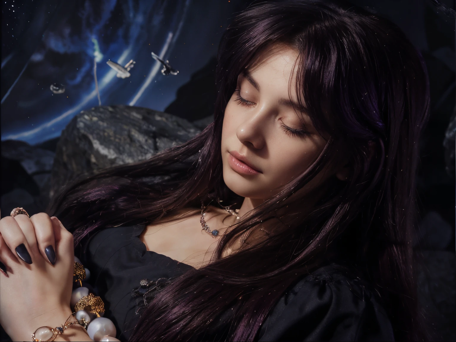 Masterpiece, watercolor: High resolution. Very detailed. realistic. ultra-realistic. Close up of female. Young woman. 1girl. Slightly side view. About 20 years old. German. Delicate facial features. detailed face. Peaceful face. ((Pretty Big closed eyes)). Big eyes. Very light white skin. ((Pretty long dark purple hair)). Straight hair. Bangs. black dress. Neckless. Crossed hands above stomach. ((ring in medium left finger)). ((Delicate silver chain in the back of left hand)). ((Rosary of black purple pearls around hands)) (((well done crossing hands))). Black nails. Laying in the rock-soil. Space hyperdimension background. Cinematic light.