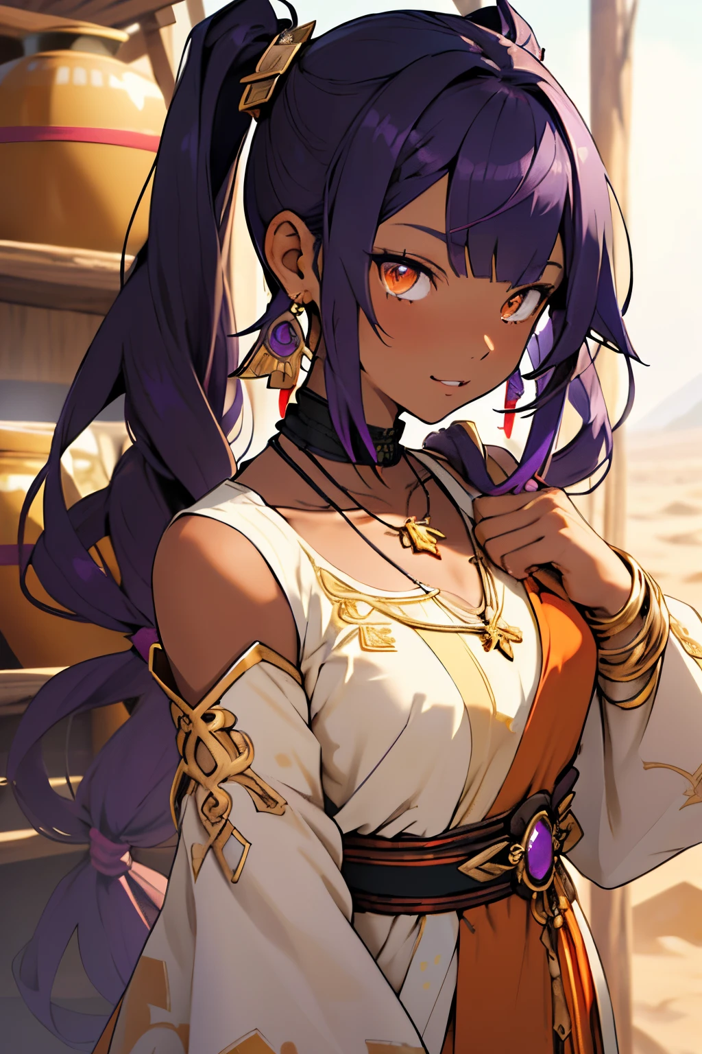 genshin impact character, the anime, 1girl, ((dark tanned skin)), (Very long purple hair), loose hair, Two pigtails, hair ornament, Bangs, Orange Eyes, lips, closed mouth, little chest, Jewelry, necklace, Gold bracelets, gold earrings, Golden hairpin, middle eastern dress, layered sleeves, long sleeves, upper-body, (Archaeologist), ((desert style)), (fantasy style)