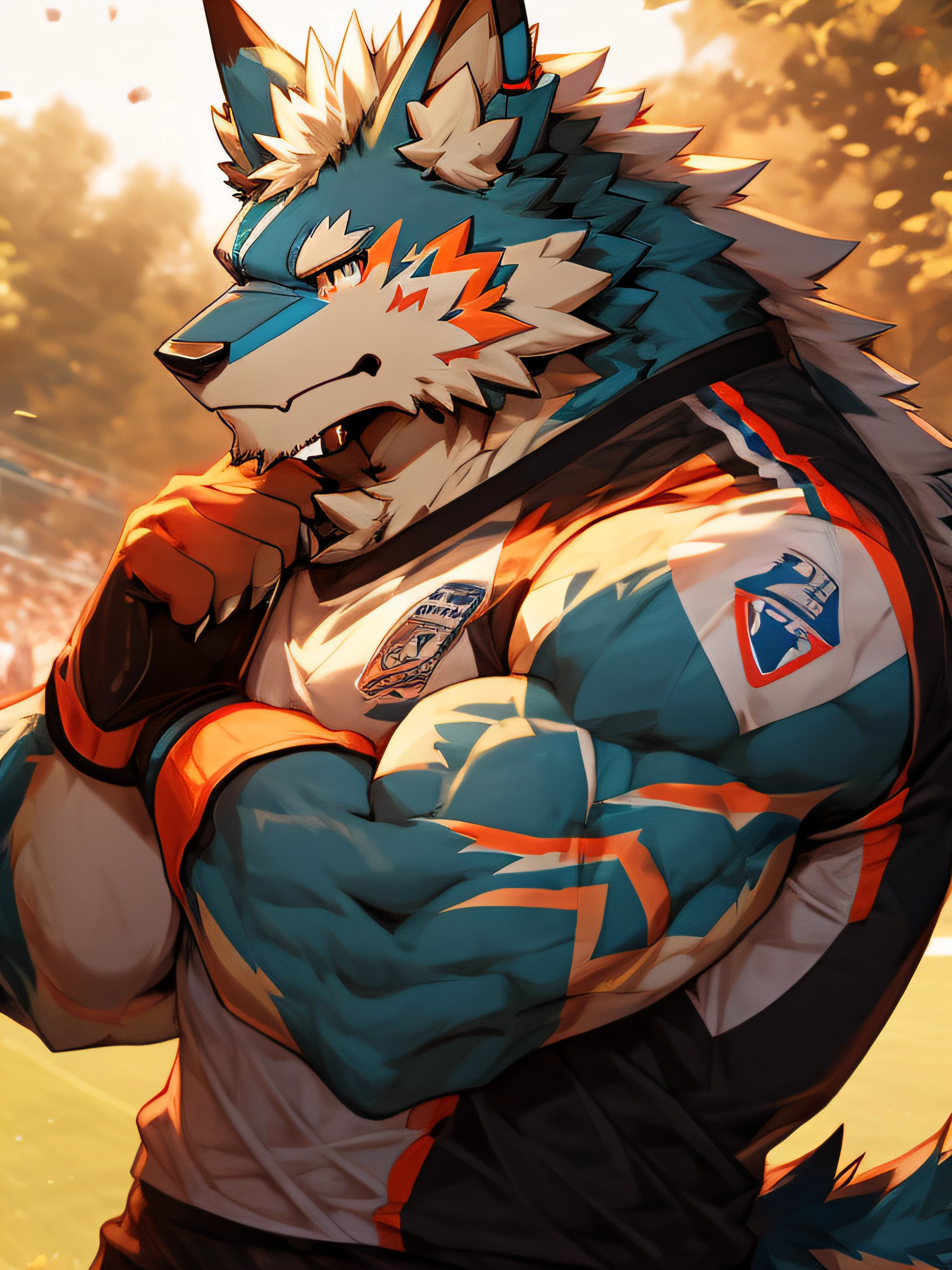 hairy,Beast field,anthropology, Ten years old，Beast，little boy，bust,male,Solitary, Wolf,Wolf ears,Wolf tail, Blue fur,Yellow eyes,Heart pupil， Looking at the audience, Happy smile, Open mouth slightly，Standing，Show your upper body，Abdominal muscles，Complex background，field，Home，Wolf尾，