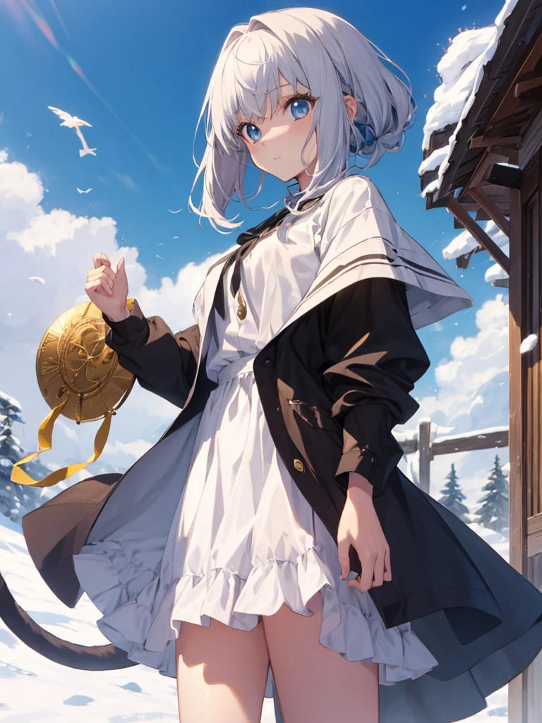 anime, cabelos brancos, olhos azuis, alta qualidade, 4k, sem imagem ruim, roupas de gato neko, Beautiful, Grande Ordem do Destino Cinzento, Dia de neve