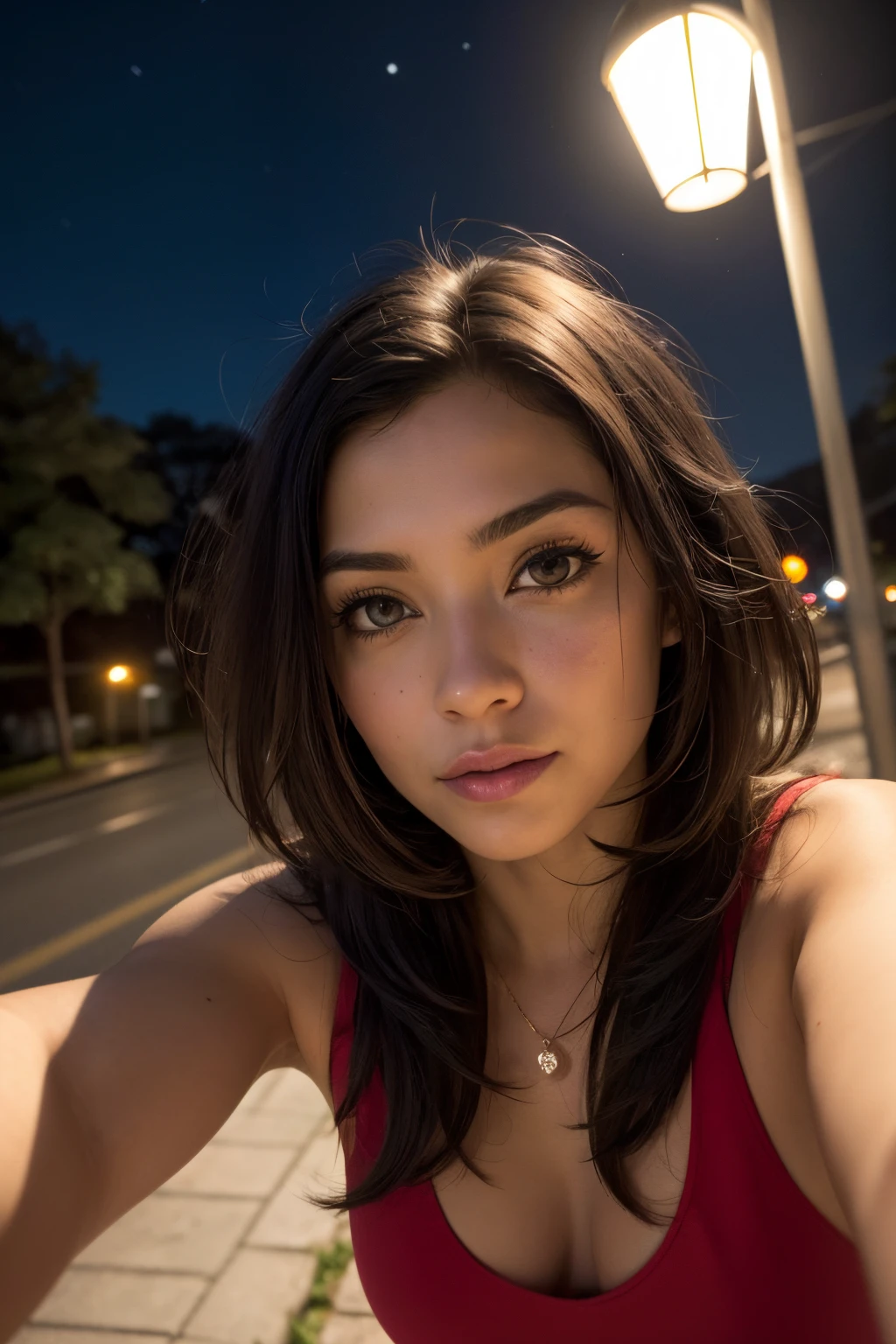 (selfie tirada, de cima:1.4), (postrait de meio corpo:1.4), foto de retrato RAW uhd de uma morena de 24 anos (mulher de olhos azuis) caminhando por um beco escuro, breasts_b natural, fundo noturno da cidade, (vestido de sol vermelho), (decote), detalhado (texturas!, cabelo!, brilho, cor!!, Imperfections:1.1), olhos brilhantes altamente detalhados, (looking-into-camera), specular illumination, dslr, ultra qualidade, foco nítido, Clear cross, dof, grain of film, (centralizado), Fujifilm XT3, cristalino, centro do quadro, rosto bonito, foco nítido, street lamp, neon lights, bokeh, (mal iluminado), discreto, in the nighttime, (night sky) poros detalhados da pele, pele oleosa, bronzeado, detalhe intrincado dos olhos