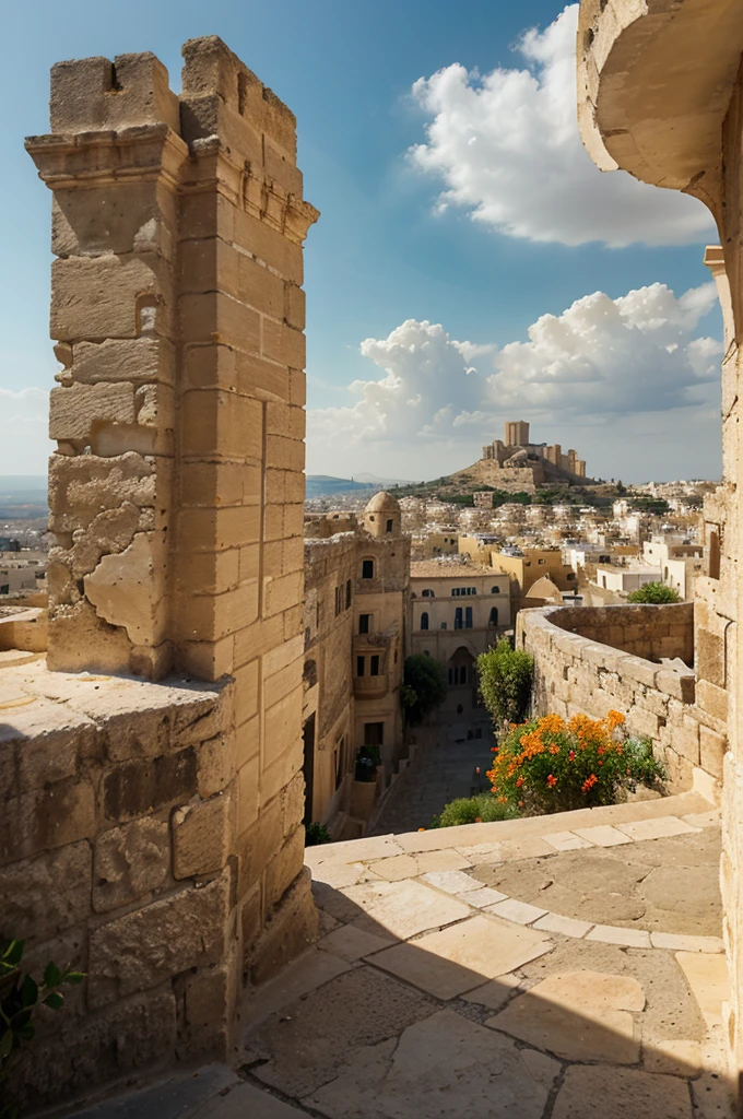 Middle Eastern plain, distant view of a very tall cone-shaped hill with a huge grecian palace on top, on the sides of this hill a city full of many stone buildings and houses, architecture Maltese, orange flowers, strange cactus, distant storm on the horizon