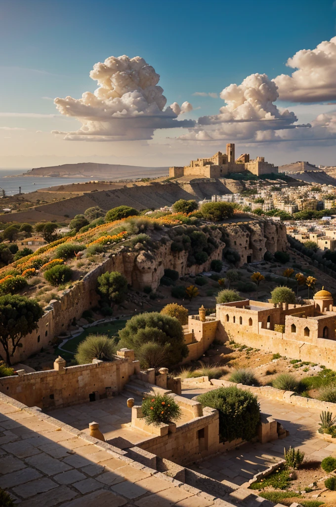 Middle Eastern plain, distant view of a very tall cone-shaped hill with a huge grecian palace on top, on the sides of this hill a city full of many stone buildings and houses, architecture Maltese, orange flowers, strange cactus, distant storm on the horizon