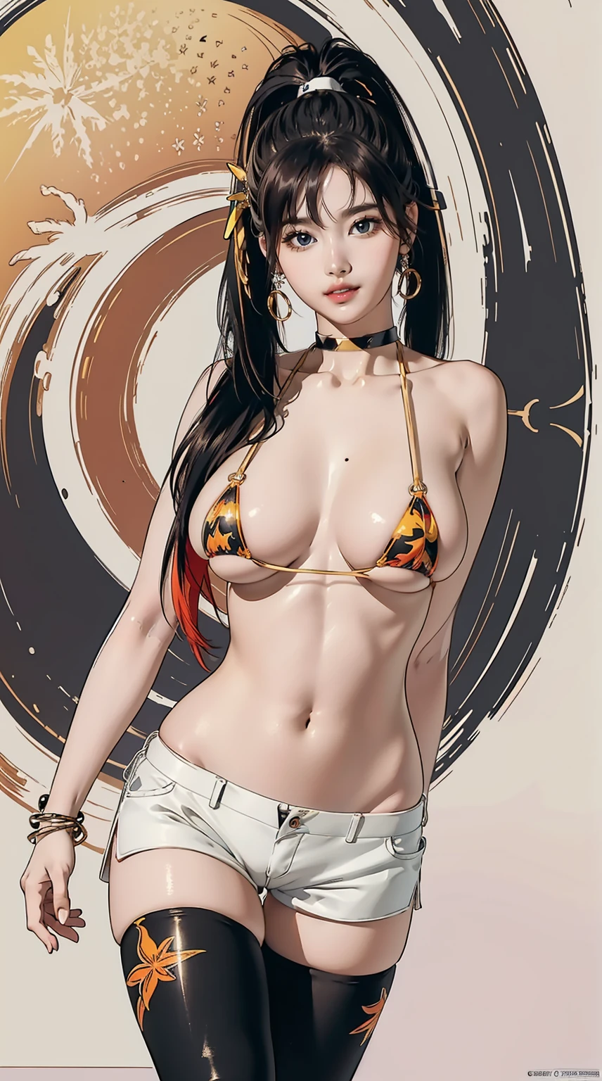(masterpiece, best quality, ultra-detailed, 8k wallpaper, by artgerm), 1 girl, curvaceous but slender body, huge breasts, printed colorful micro bikini top, shorts, thighhighs, bangles, choker, ponytails, asymmetrical bangs, beachside, afternoon