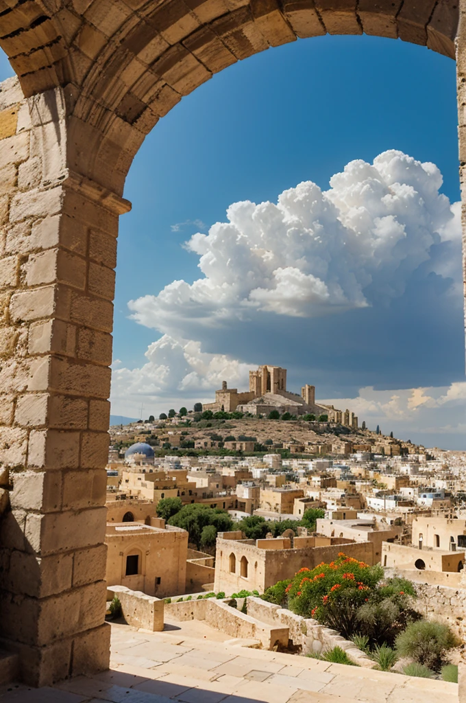 Middle Eastern plain, distant view of a very tall cone-shaped hill with a huge grecian palace on top, on the sides of this hill a city full of many stone buildings and houses in architecture Maltese, in the foreground few buildings, orange flowers, strange cactus, road moving toward the city, distant storm on the horizon