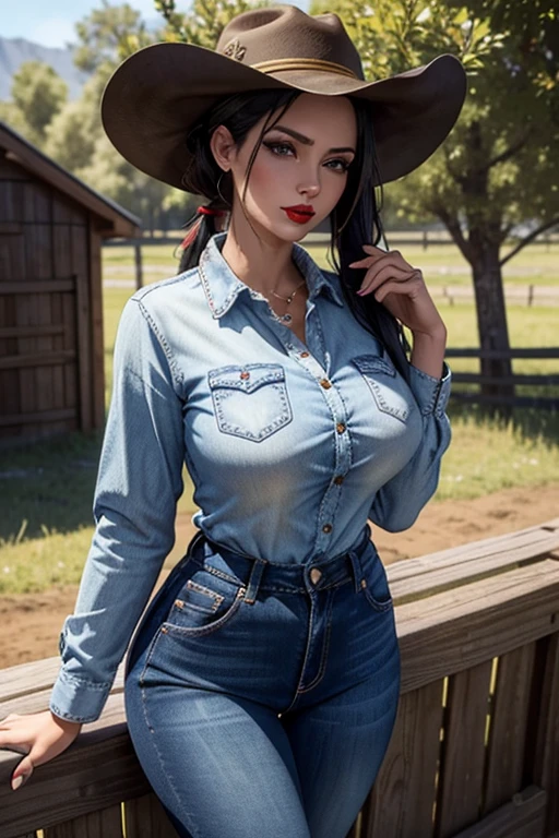 (masterpiece), best quality, expressive eyes, perfect face, front lighting, (farm background), (posing), (smirk), (cleavage view), (1girl, milf, nico robin, latina, dark skin, long black hair with bangs, straight flat hairstyle, brown eyes, hourglass figure, skinny body, thin body, petite_body, large breasts, huge breasts, oppai, large cleavage, wide hips, thick thighs), (purple plaid button shirt with rolled sleeves, exposed cleavage, tight ripped denim pants, cowboy hat), 