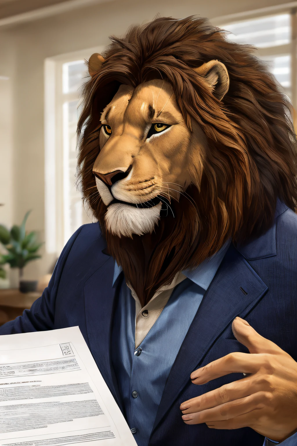 Create a realistic image of a lion wearing a suit by analyzing tax documentation