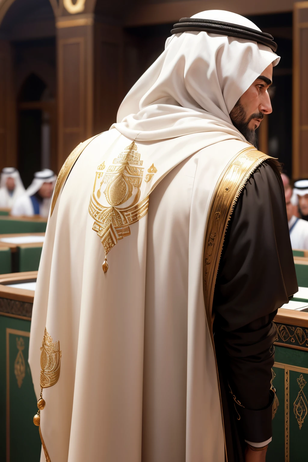 arab men in parliament, back view, masterpiece, the best quality, (very detailed CG unified 8k wallpaper)