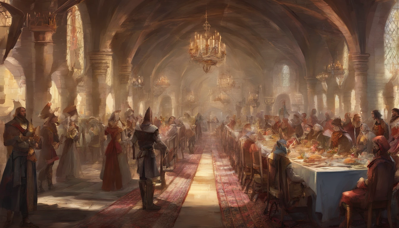 medieval fantasy wedding banquet, a grand castle hall with high ceilings and adorned with tapestries and banners. There are Minstrels and jesters entertainers, guests of nobility, court members and other influential figures. A lavish feast featured roasted meats, fruits, and pastries.