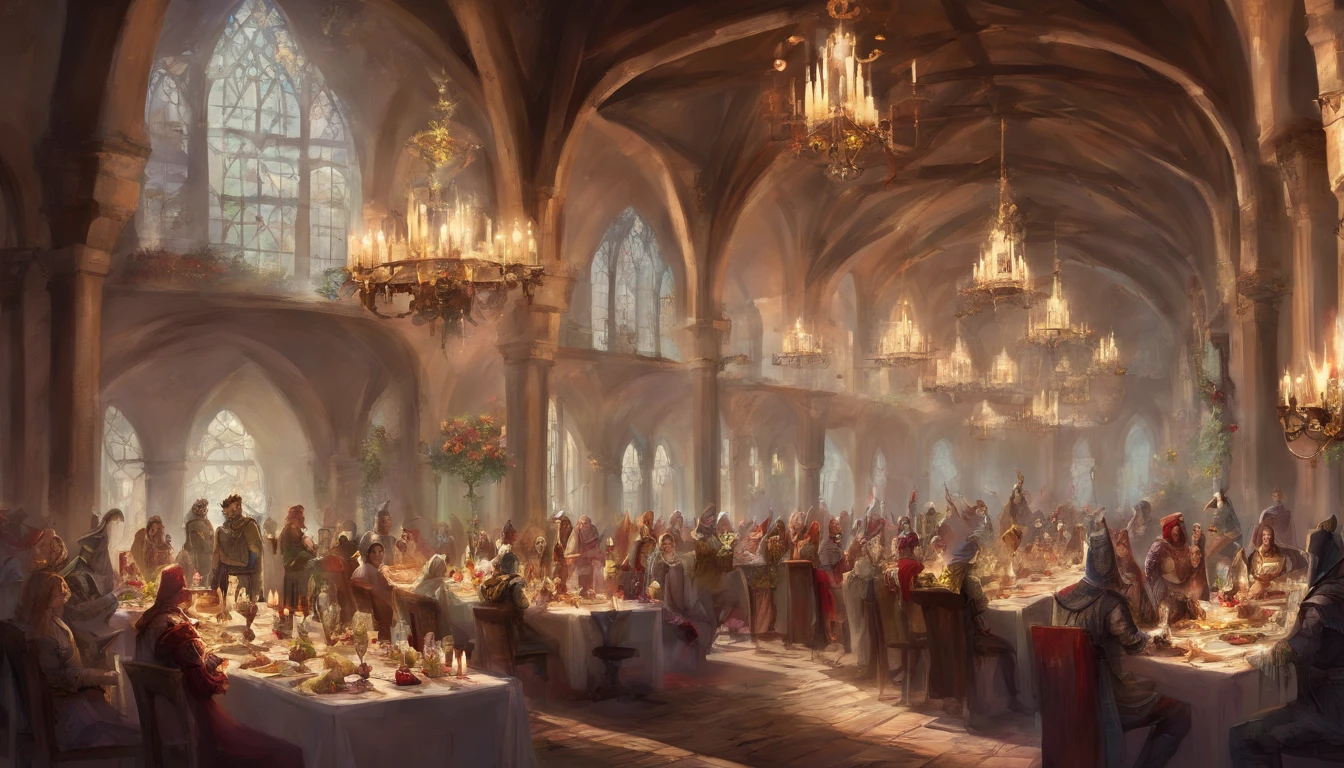 medieval fantasy wedding banquet, a grand castle hall with high ceilings and adorned with tapestries and banners. There are Minstrels and jesters entertainers, guests of nobility, court members and other influential figures. A lavish feast featured roasted meats, fruits, and pastries.