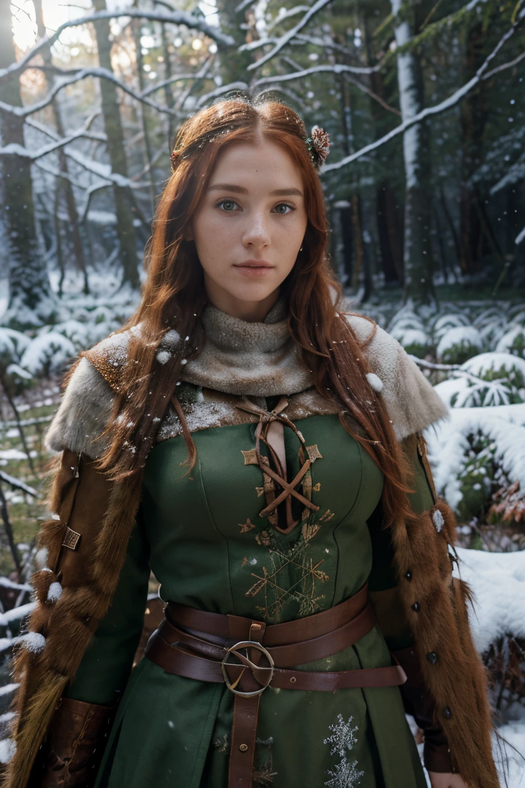 Woman in a medieval celtic warrior dress, (Celtic cosplay) , (ancient celts style:1.2), ((winter forest:1.4)), ((snow)) celtic european beauty, Long and red hair, red hair, bow and arrows, full body shot, winter jacket, ginger, freckles, smooth skin, white skin, , (perfect body),(detailed face),(realistic face) , (sexy pose:1.2), portrait, Looking at camera, (Highest quality), sony A7sIII, film stock, photograph , kodak 400 camera f1.6 lens, cinestill 800, (Lente de 28 mm), third rule, rich colors , lifelike, texture, natural lighting, ((wide shot))