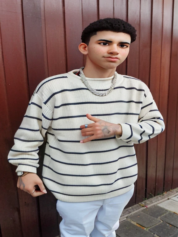 trimmed man in a striped sweater and white pants in front of a wooden wall, Estilo de Seb McKinnon, Yung Lean, usando uma corrente, usando correntes, xxxtentacion, vestindo camisa listrada, tommy 1 6 anos de idade, em torno de 1 9 anos, Estilo Temor de Deus, joias rapper, chave ainda, striped sweater, Estilo de Greg Rutkowski